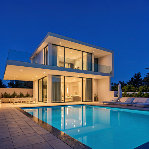 Modern luxury villa with pool at dusk